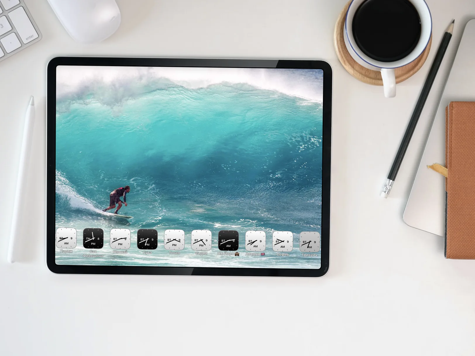 Photo World Clock running on a desk stand