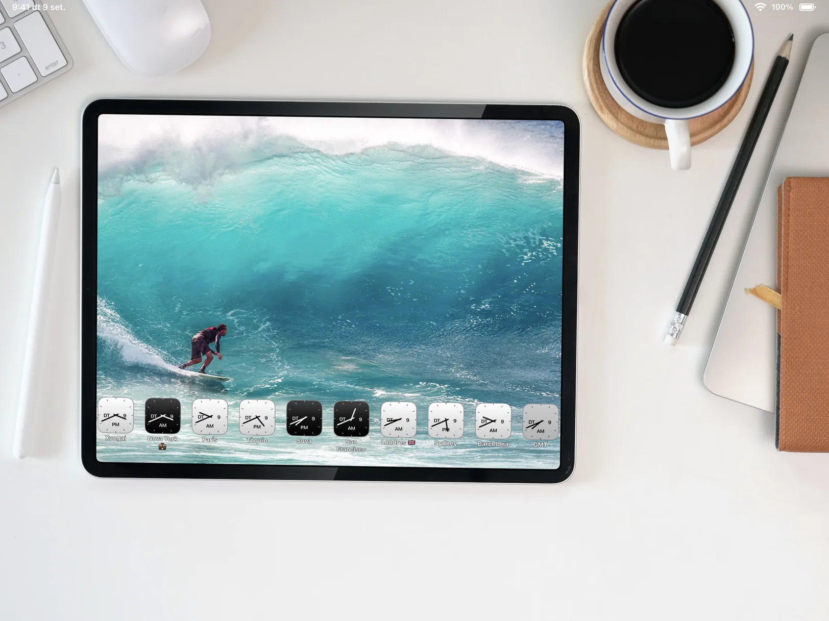 Photo World Clock running on a desk stand