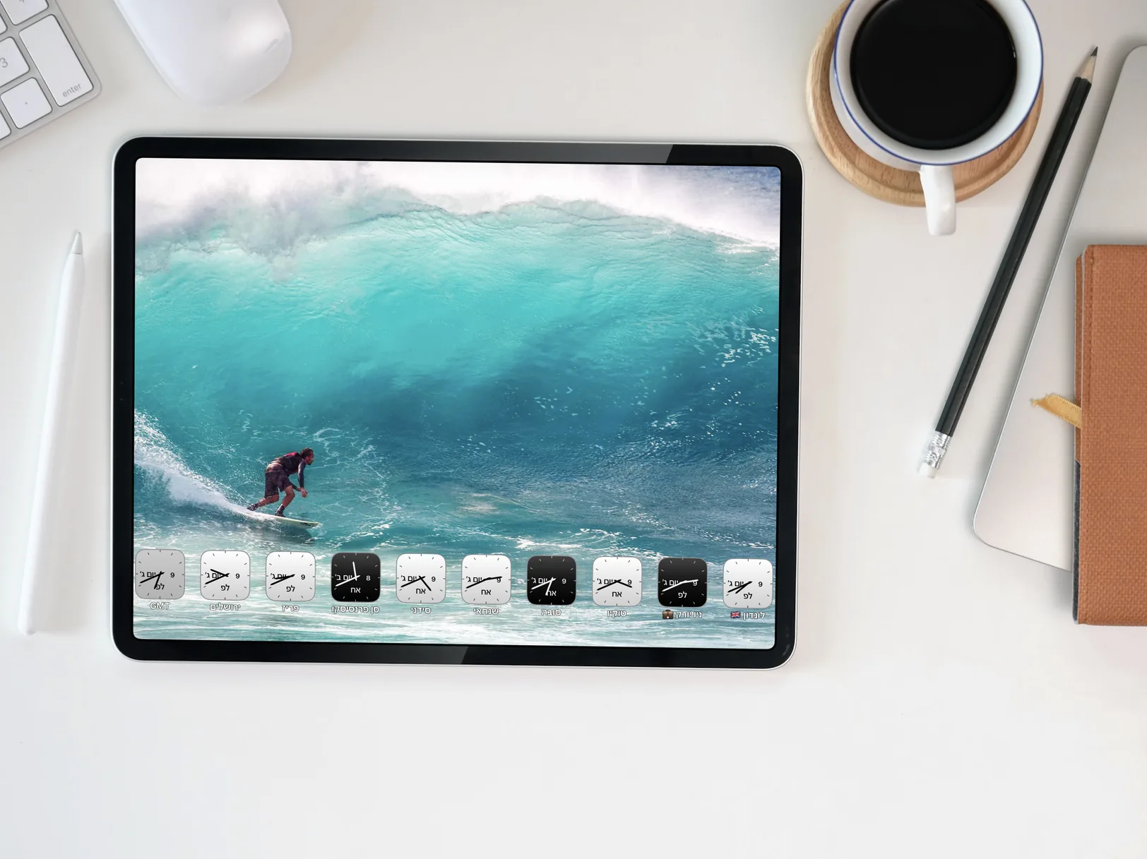 Photo World Clock running on a desk stand