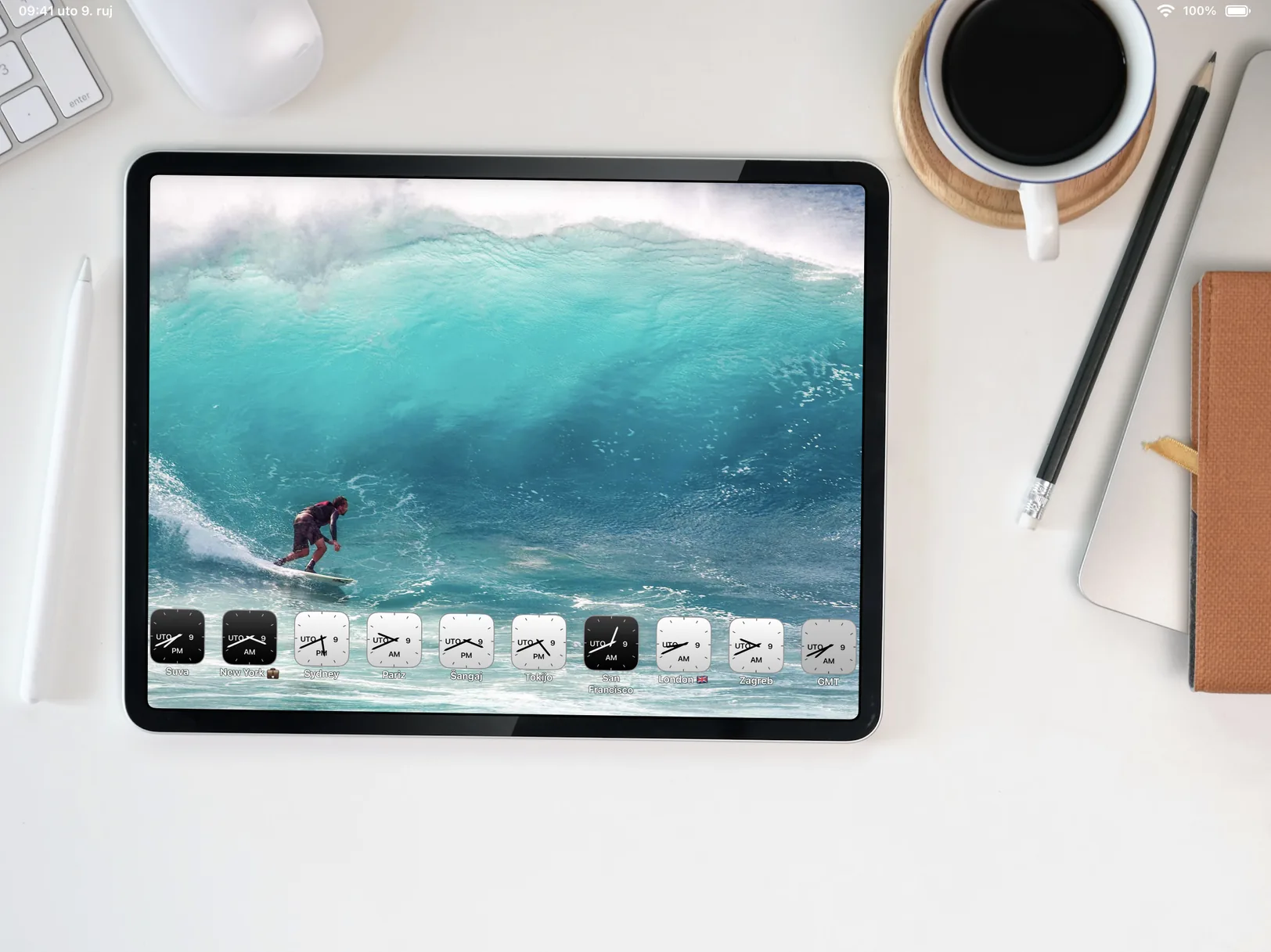 Photo World Clock running on a desk stand