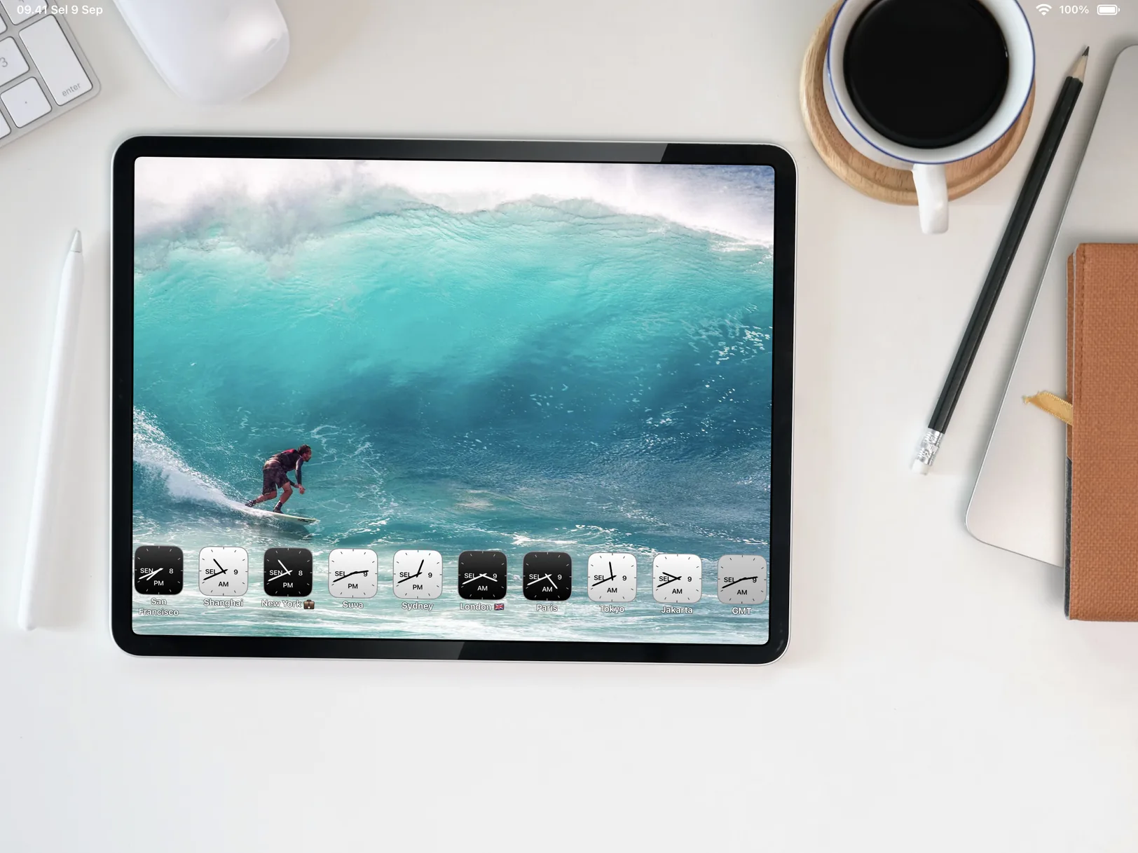 Photo World Clock running on a desk stand