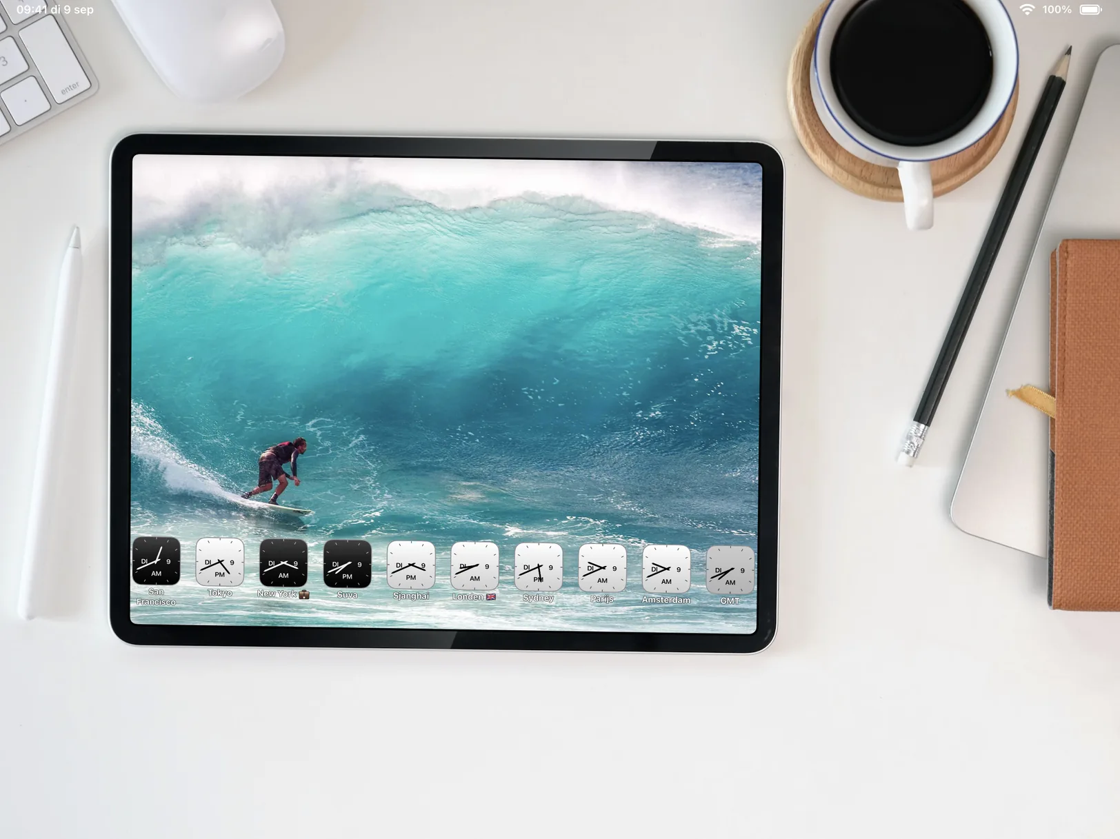 Photo World Clock running on a desk stand