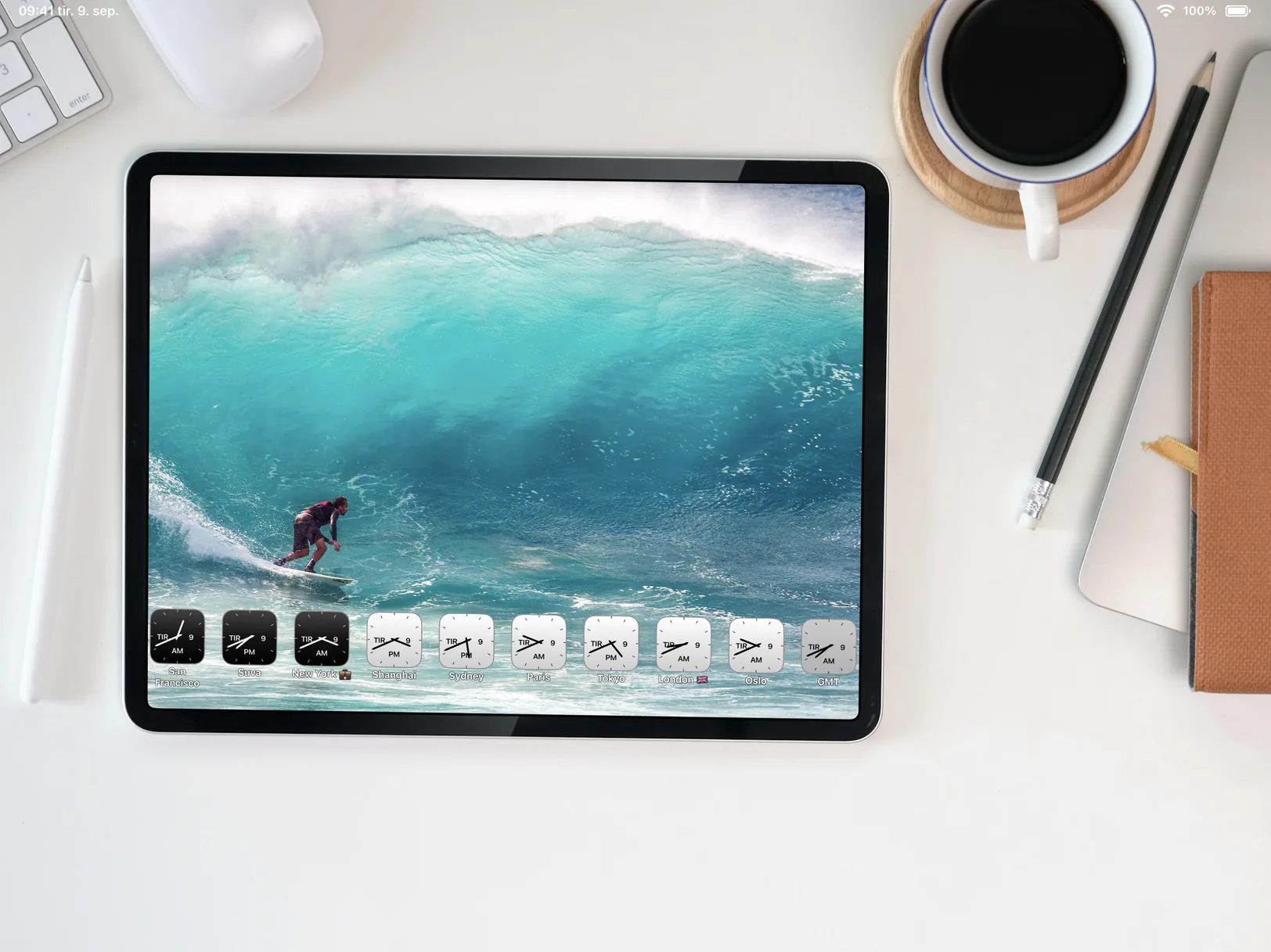 Photo World Clock running on a desk stand